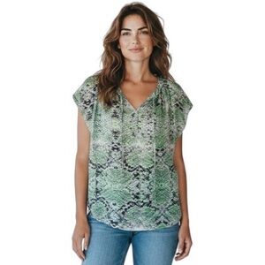 CABi Cap Sleeve Semi Sheer Green & Blue Pattern Blouse size Small